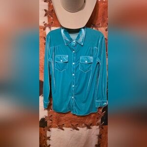Elegant Teal Velvet Button Down Shirt